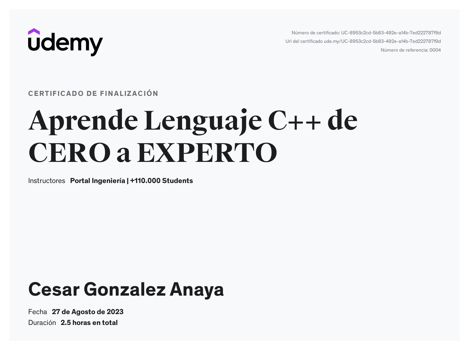 Certificado de Aprende Lenguaje C++ de CERO a EXPERTO